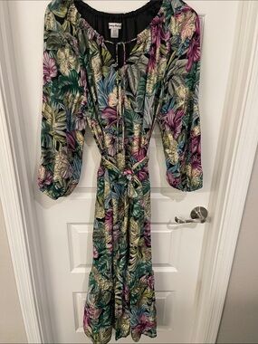 Tommy Bahama Black Tropical Floral Tie-Front Top with Pink & Lime